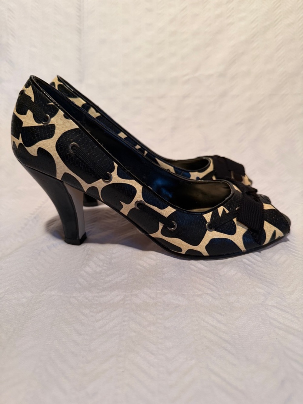 Madden Girl Black and Beige Peep-Toe Heels with Bow Accent - Picture 5 of 8